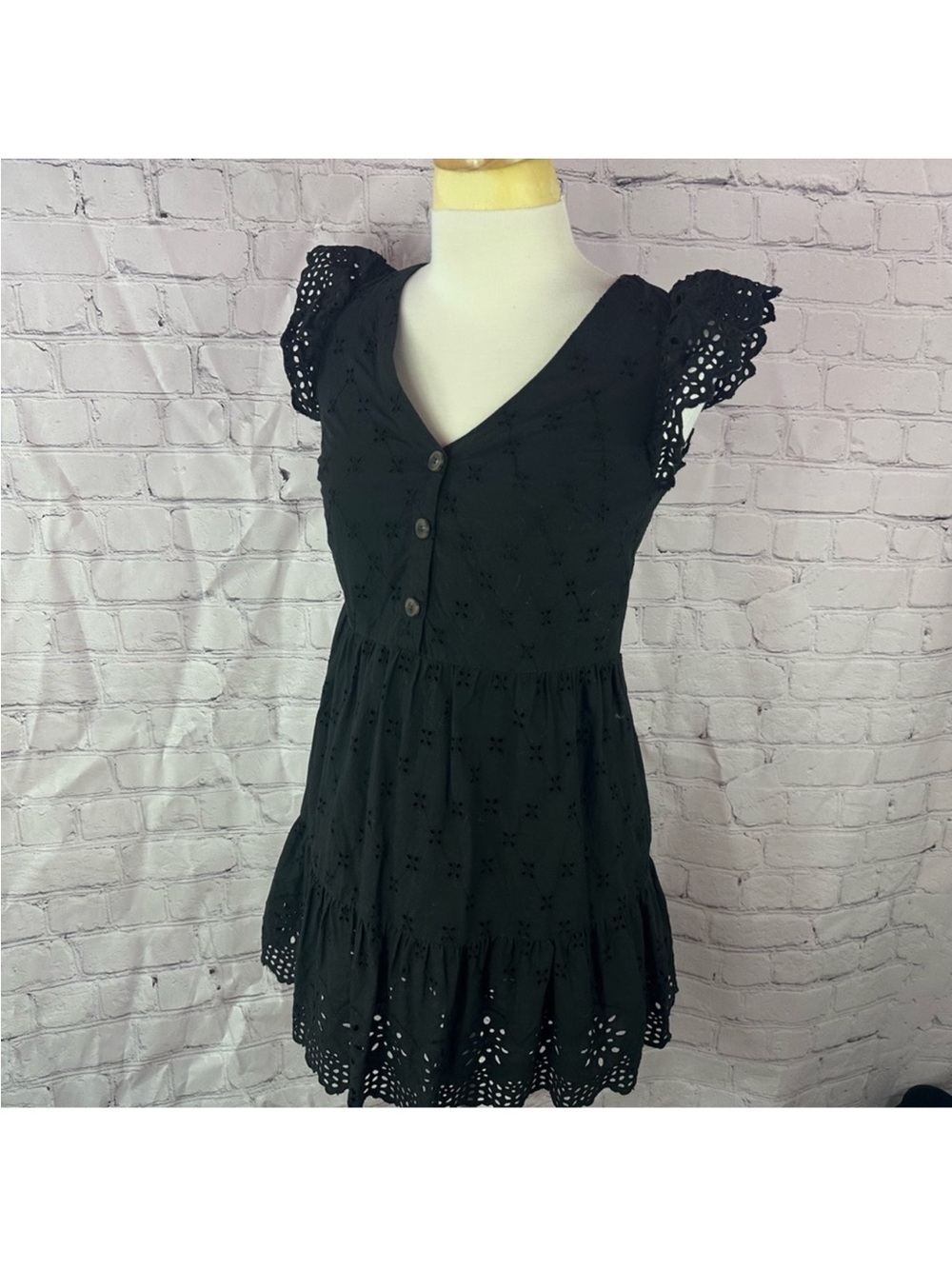Loft Black Eyelet Flutter Sleeve Mini Dress size 10